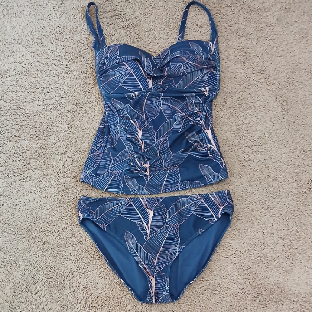 Nicole Miller Twisted Bandeau Tankini Blue Leaf Print Two Peice Swimsuit, Size L